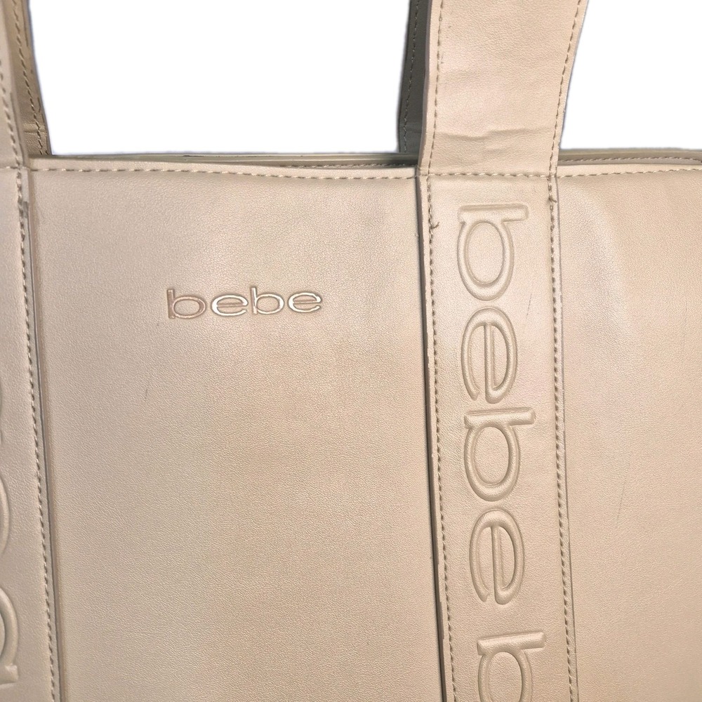 HANA bebe Poly Lg Tan Tote Logo Lining Inner Pockets Gold Zipper 12"x16" Chic